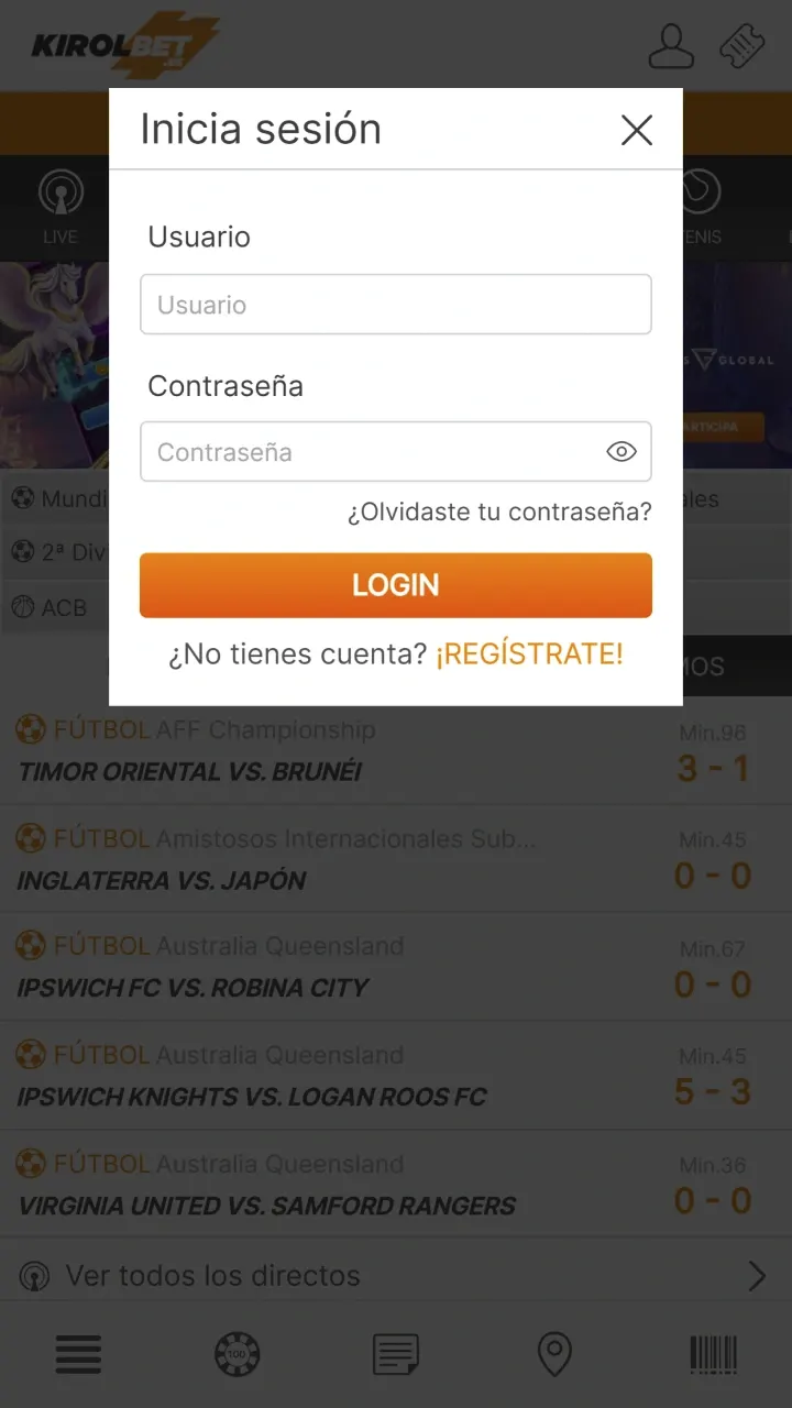 Escriba su nombre de usuario y contraseña para que Inicia sesión en tu cuenta en Kirolbet.