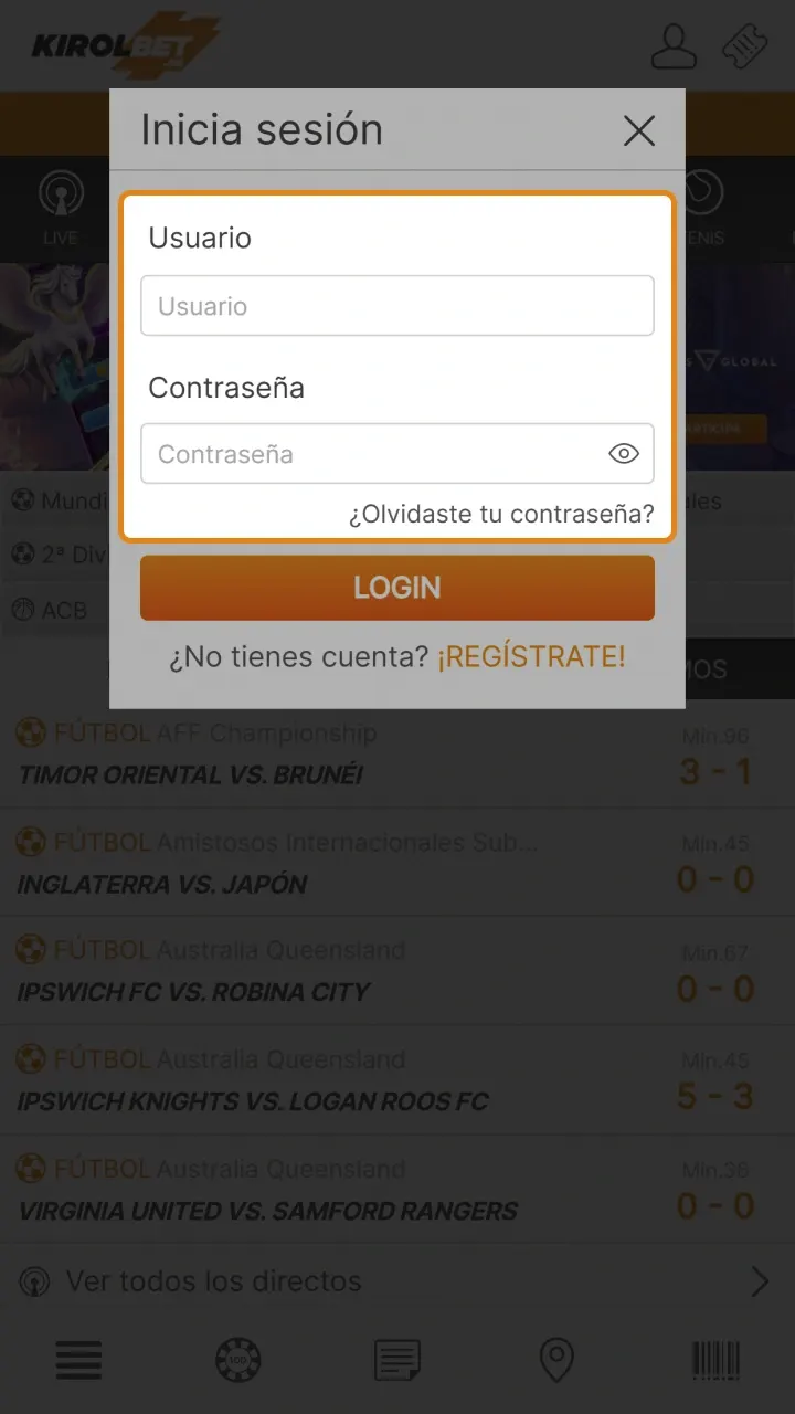 Introduce tus datos de acceso a Kirolbet.